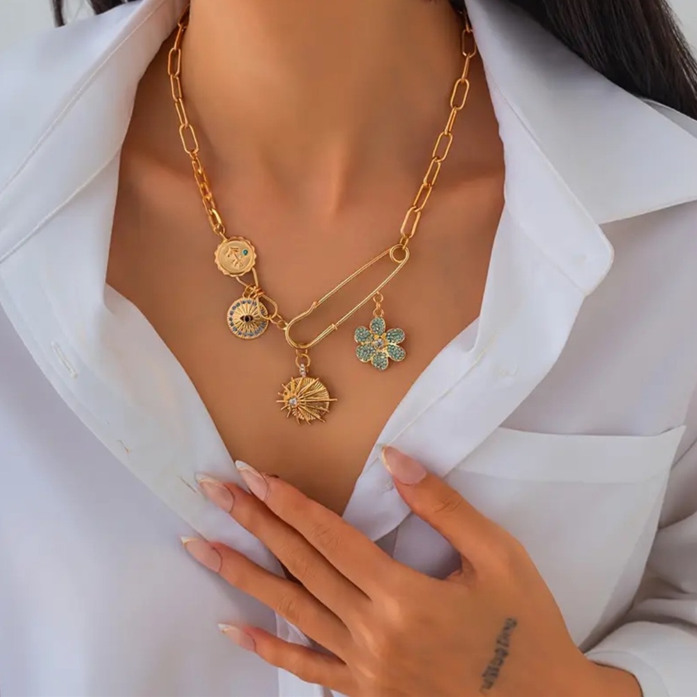 Boho Vintage Vibes Gold Charm Necklace with Large Safety Pin Accent Floral NWT! - Picture 2 of 6